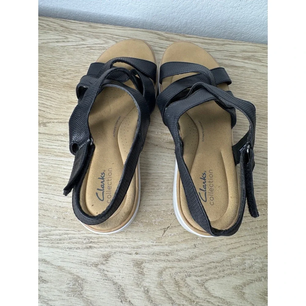 Clarks Collection Jillian Black Snakeskin Strappy Wedge Sandals‎ Womens 10W